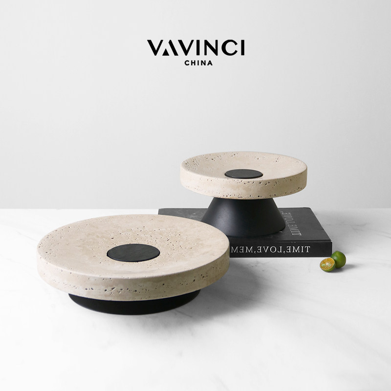 梵其侘寂风创意洞石圆形实木底托盘摆件简约N客厅茶几餐桌果盘装