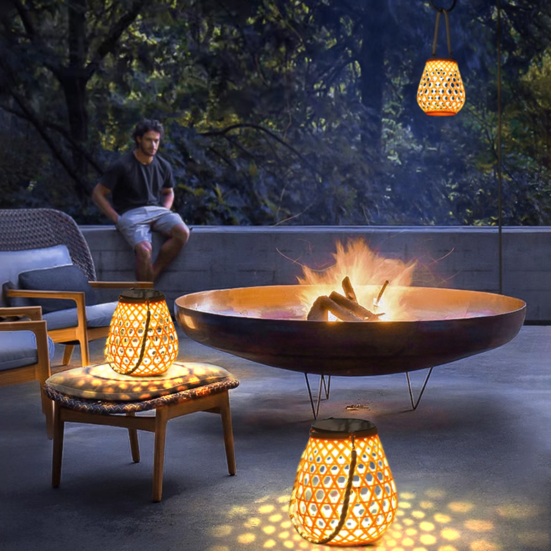 户外太阳能庭院灯露台花园氛围手提藤编灯网红民宿氛围Z落地灯挂