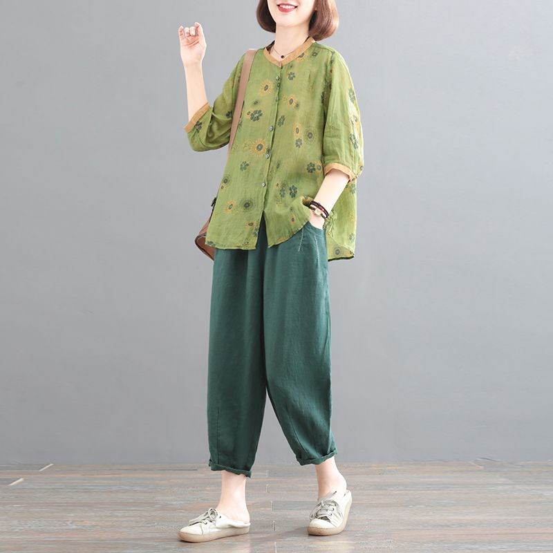 棉麻套装女夏季薄款中老年女装妈妈装韩版大码文艺复古亚麻两件套