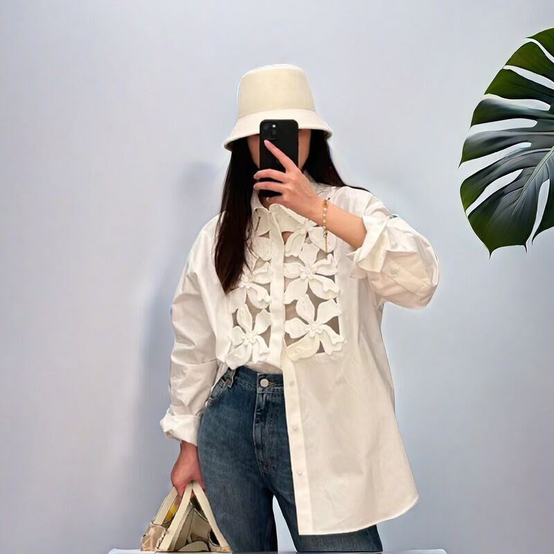 花朵镂空宽松高级感长袖白色衬衫休闲时髦洋气百搭春装慵懒风外套