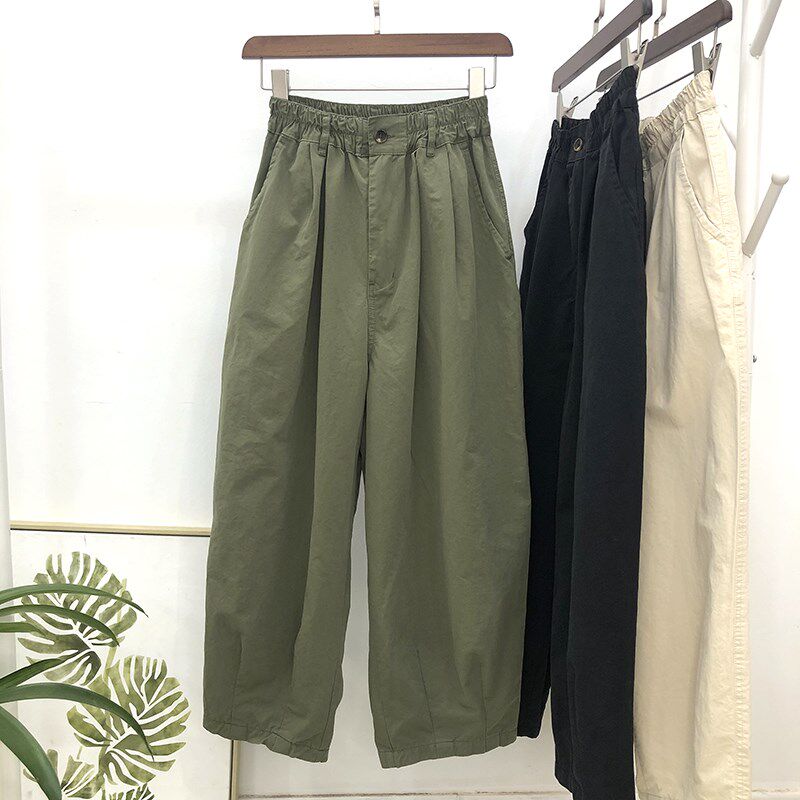 春夏纯棉女士阔腿九分裤宽松薄款休闲松紧腰显瘦气球裤日式森系潮