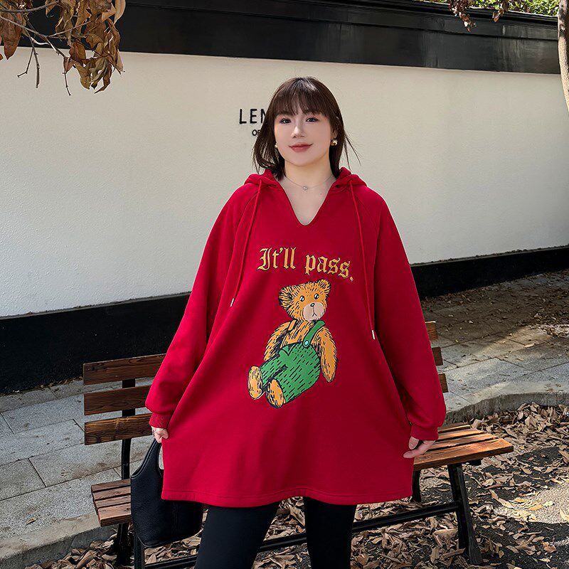 特大码女装卡通印花加绒卫衣220斤胖mm宽松减龄加厚v领连帽上衣