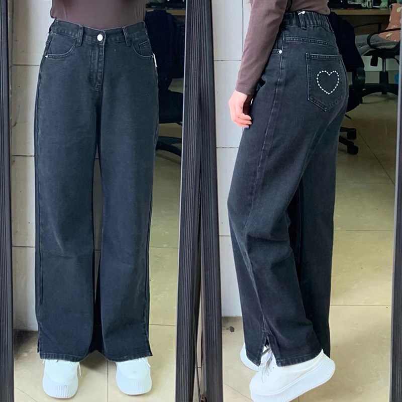 300斤大码女装胖mm秋季高腰显瘦开叉爱心刺绣松紧宽松牛仔裤子女