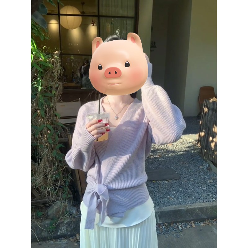 紫色V领收腰系带毛衣开衫女秋冬韩系穿搭宽松慵懒风短款针织外套