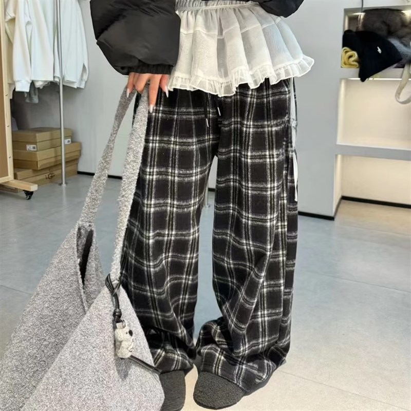 小个子加绒格子裤女 秋冬复古慵懒拖地直筒裤高腰垂感毛呢阔腿裤