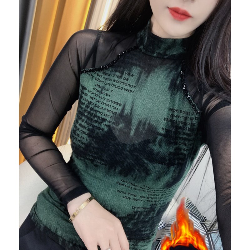 欧货秋冬新款重工钉珠拼接网纱打底衫女长袖修身加绒上衣洋气小衫