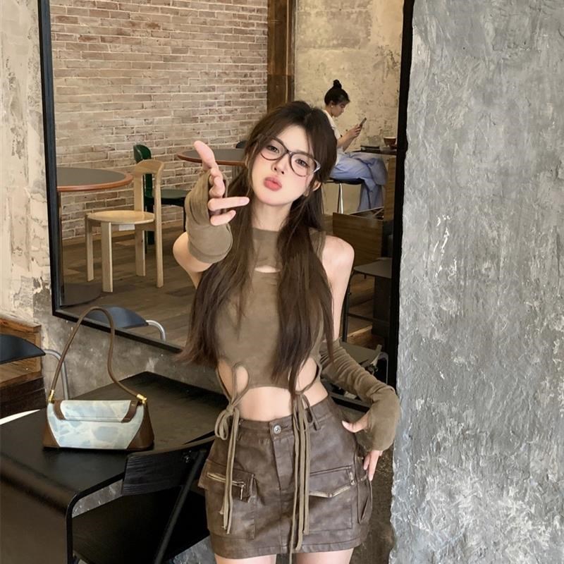 卡其色破洞连帽T恤女夏季小众别致美式辣妹系带修身短款袖套上衣
