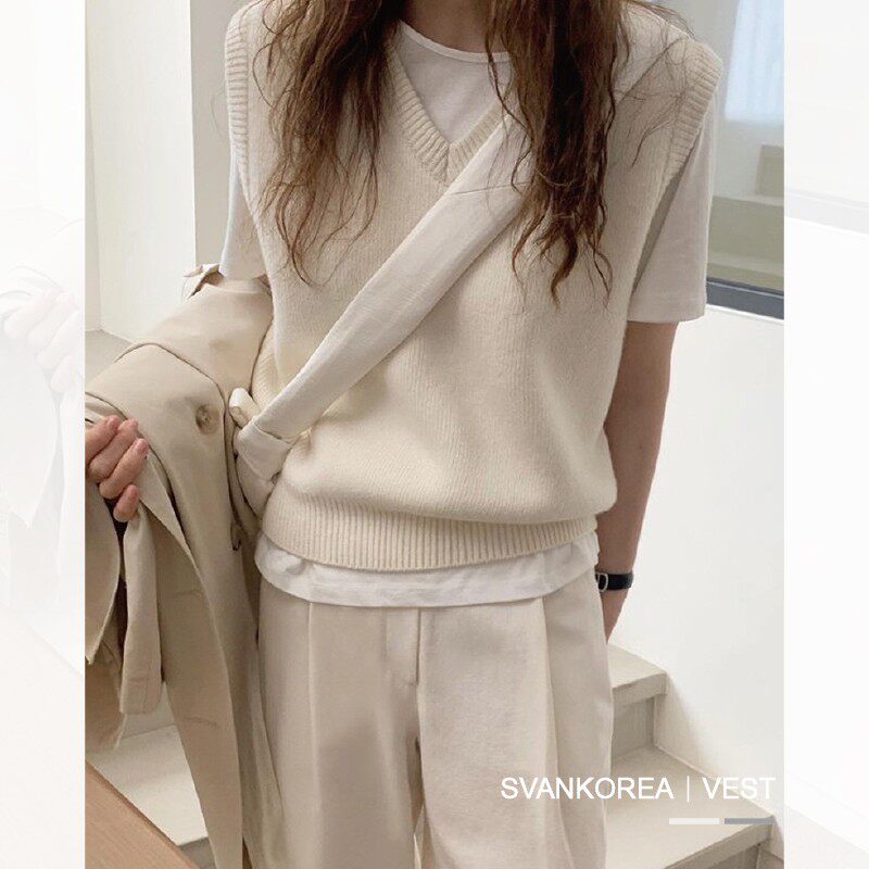 2021春秋白色针织马甲背心女宽松内搭外穿简约学院风无袖坎肩毛衣