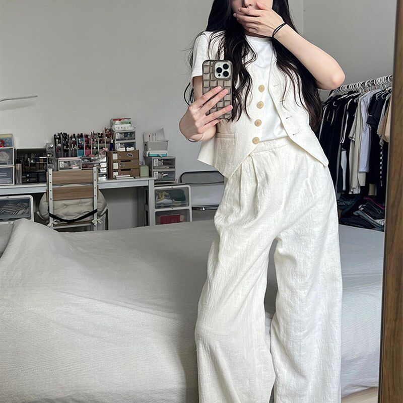 高级法式棉麻肌理感两件套装休闲风V领西装马甲女复古休闲阔裤