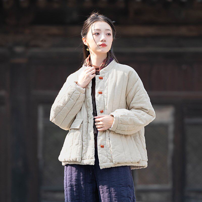 棉麻复古棉衣女中国风撞色盘扣立领短款棉服民族风苎麻中式棉袄冬