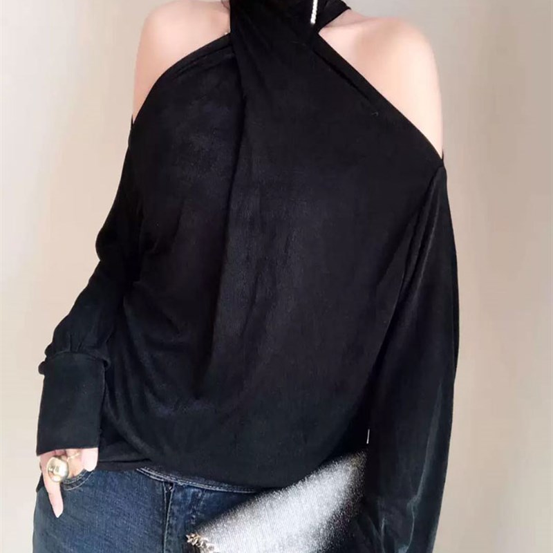 露肩衫女宽松外穿2020秋装新款韩版显瘦百搭长袖插肩针织衫上衣