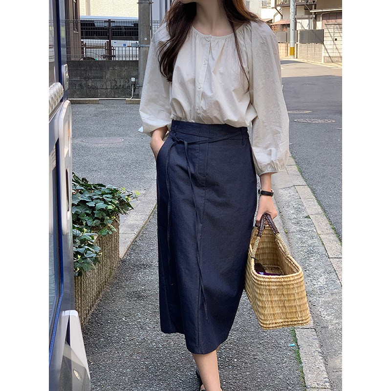 大艾的殿 牛仔棉半身裙女2024夏新款时尚简约绑带通勤中长款裙子