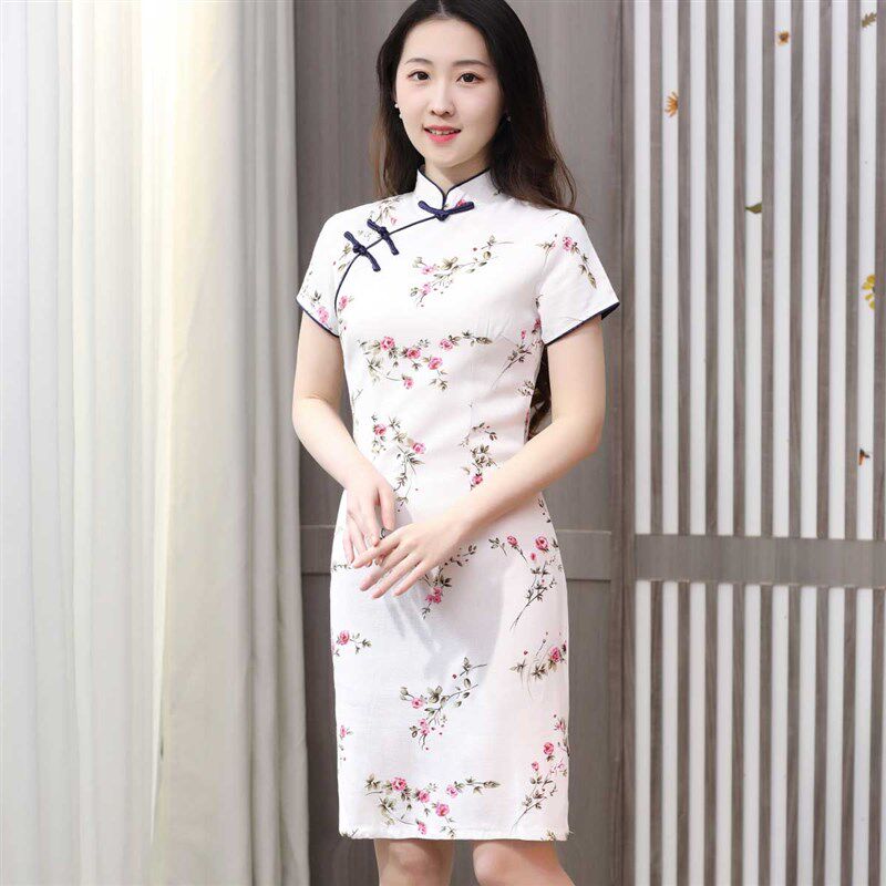 2023新款复古改良少女文艺学生大码印花日常短款棉麻旗袍连衣裙女