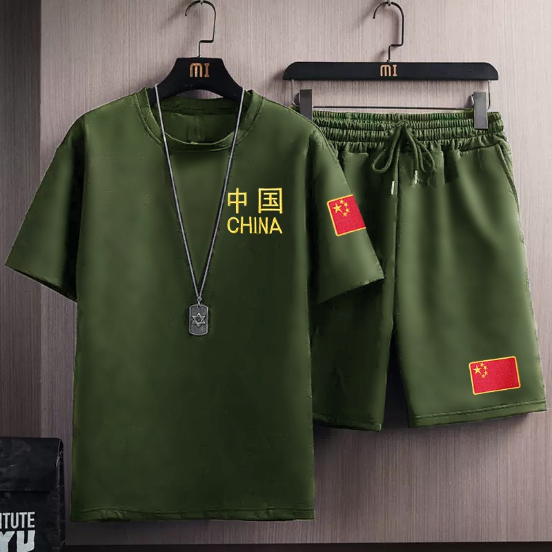 休闲运动套装男女跑步军训迷彩夏季薄款短袖短裤爱国水兵舞军绿色