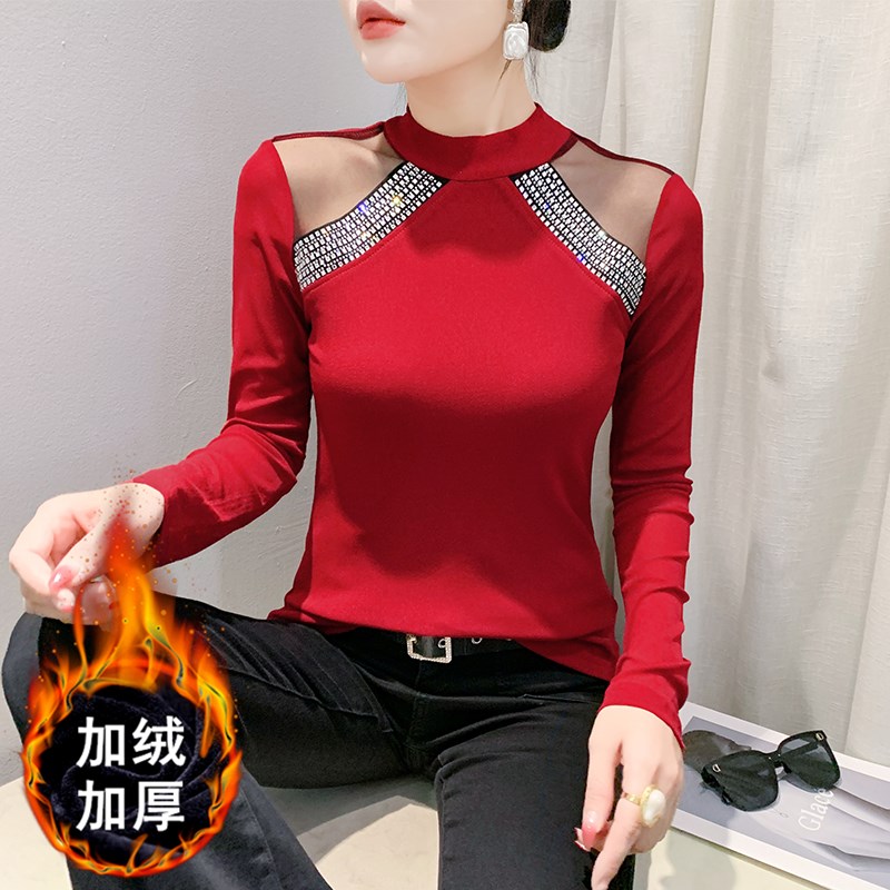 秋冬新款加绒加厚打底衫女长袖半高领烫钻t恤修身百搭网纱上衣潮