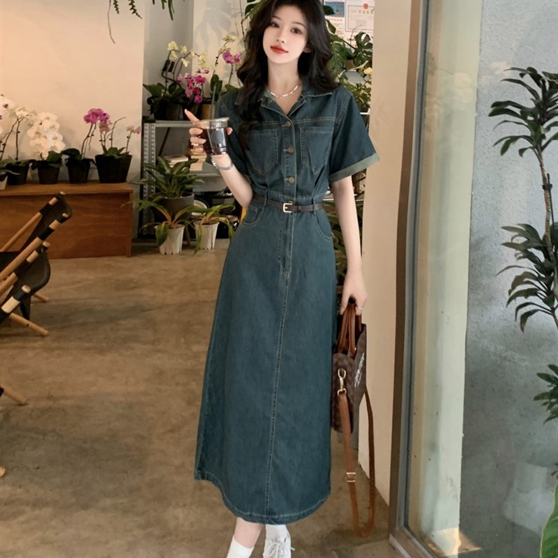 气质牛仔连衣裙女装夏季2023新款法式小众高级感小个子复古长裙子