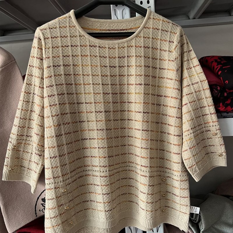 春秋高贵妈妈装圆领套头薄款羊毛针织衫中老年宽松短款上衣女装