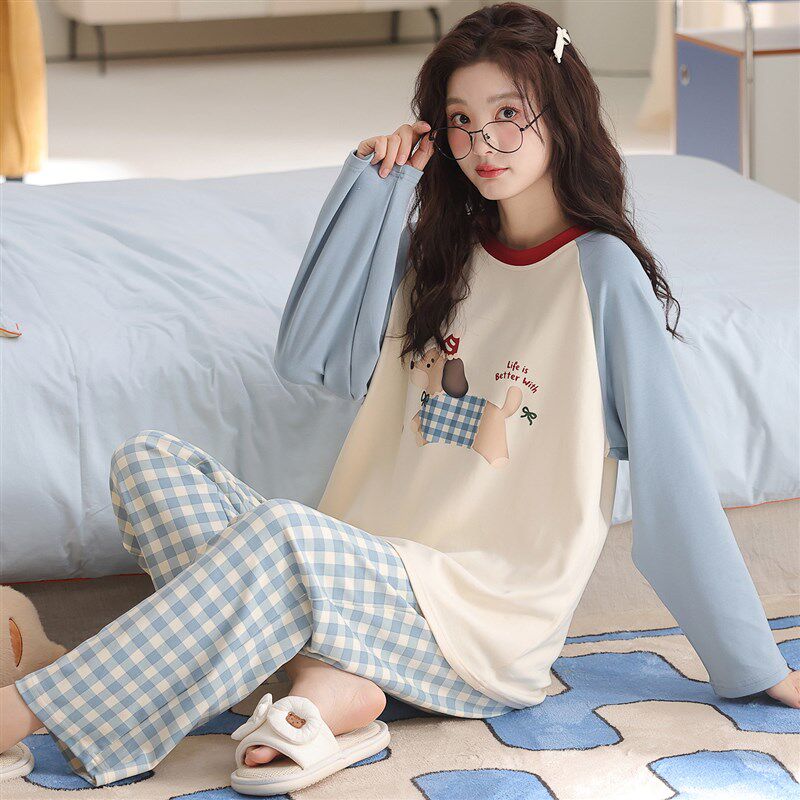 睡衣女款春秋2026新款纯棉长袖夏季带胸垫全棉布料女士家居服套装