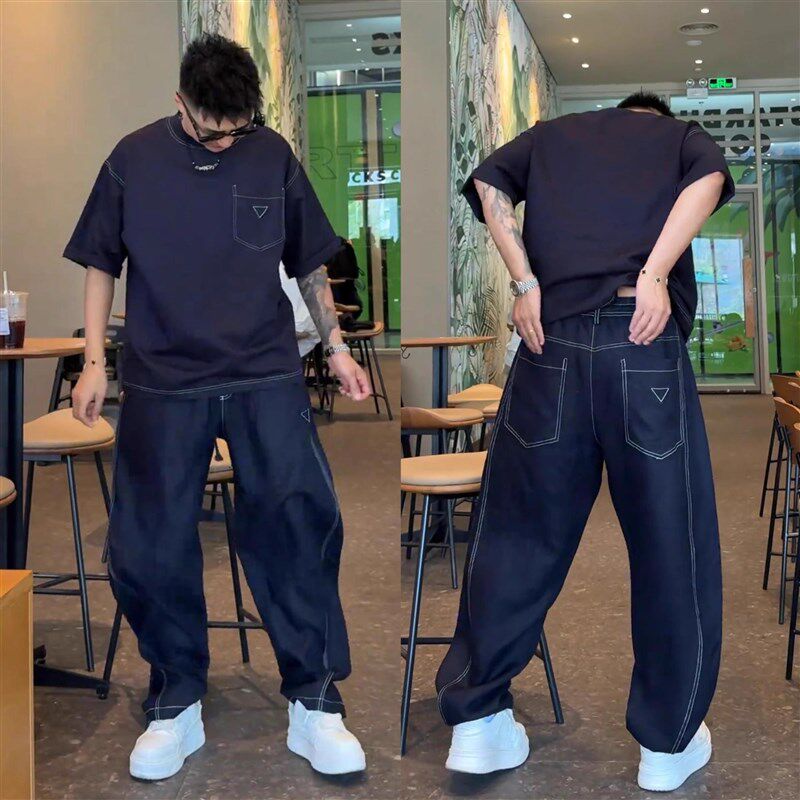 夏季轻薄亚麻凉感透气休闲套装男高级感I潮流撞线三角标运动两件