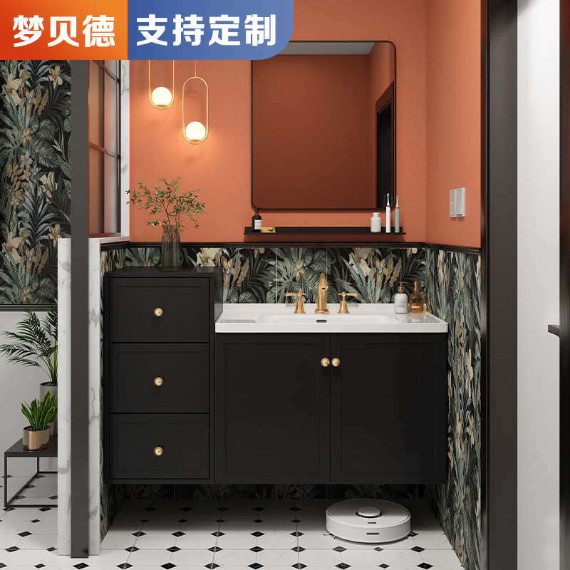法式浴室柜陶瓷一体盆复古卫生间洗漱台洗脸盆橡木高低柜组合M112