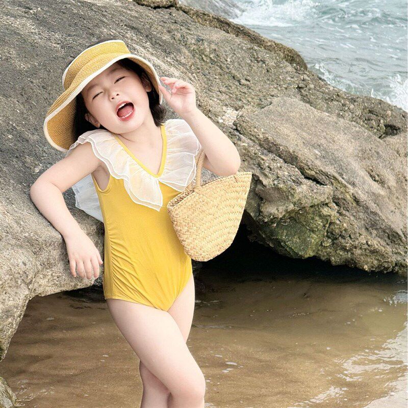 韩版女童新款可爱荷叶边速干泳衣儿童连体泳装温泉服沙滩泳装V领