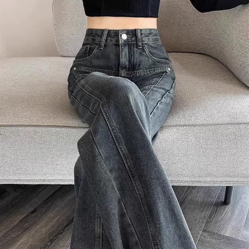 胖妹妹水泥灰复古窄版直筒牛仔裤女秋冬加绒大码高腰显瘦阔腿裤子