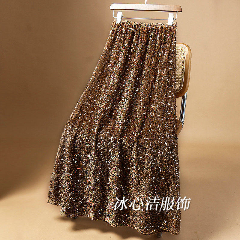 复古亮片丝绒半身裙女秋冬2024新款高腰显瘦裙子鱼尾裙长裙半裙