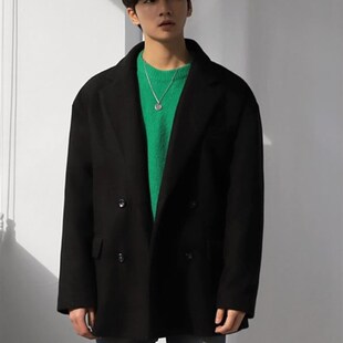 破码 短款 效益 韩式 时髦宽松脱肩羊毛外套双排 秋冬羊毛外套男式