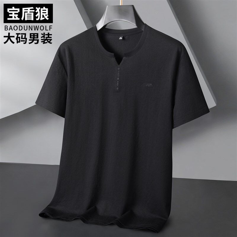 时尚休闲V领半袖T恤男大码上衣胖子宽松夏季薄款弹力棉质短袖体恤