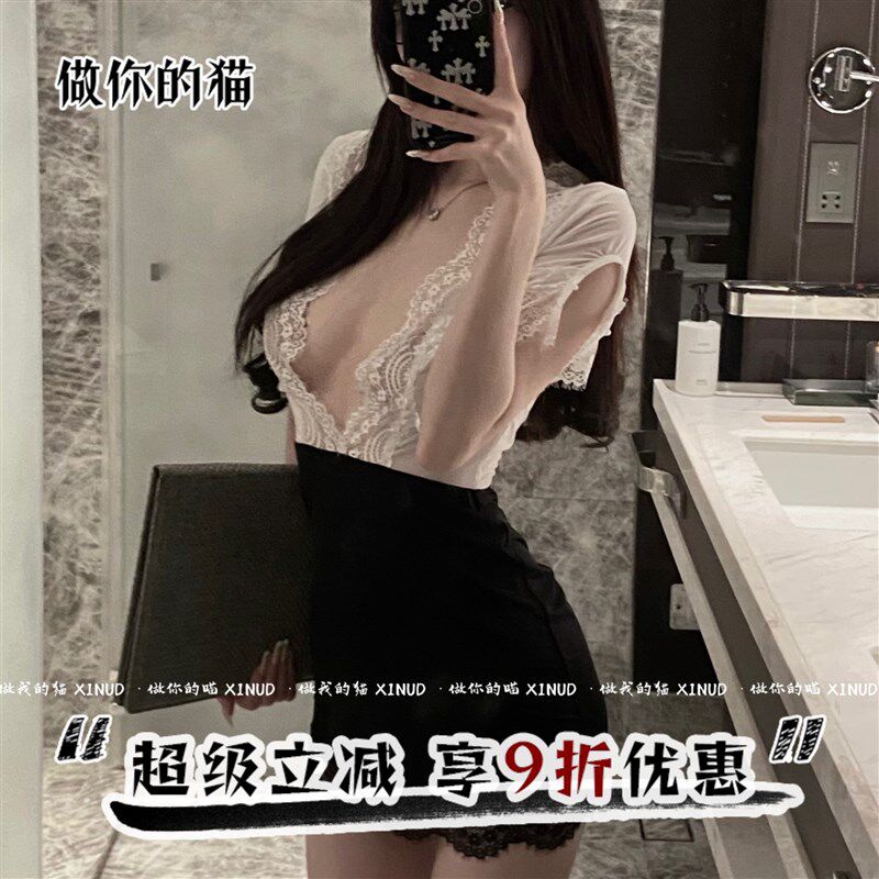 做你的猫:尤物小秘n*蕾丝娇俏气质睡裙御姐网红秘书女深v领包臀裙