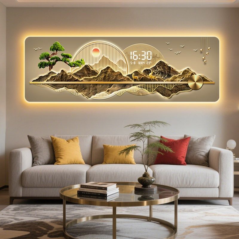 九鱼图客厅装饰画新中式高级感带钟表挂钟沙发背景墙挂Y画时钟壁