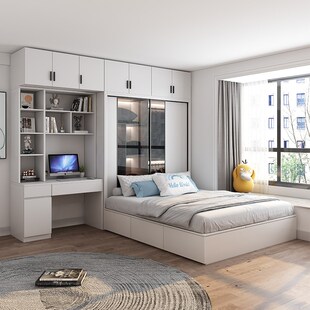 榻榻米床带书桌一体床现代简约1.5米箱体L储物小户型省空间衣柜床