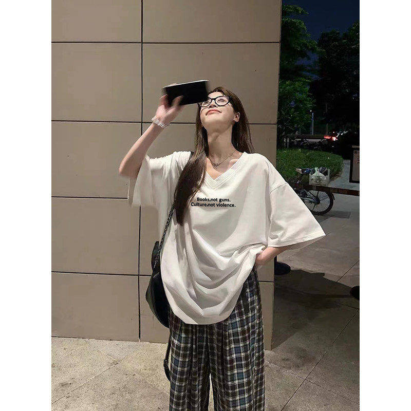 休闲白色纯棉短袖T恤女V领打底衫夏天宽松体恤中长款遮屁股上衣潮