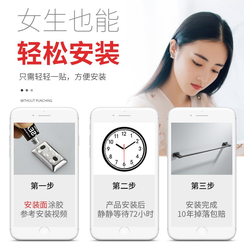 全铜毛巾架浴室挂毛巾双杆枪灰色单杆卫生间免打孔挂杆卫浴挂件