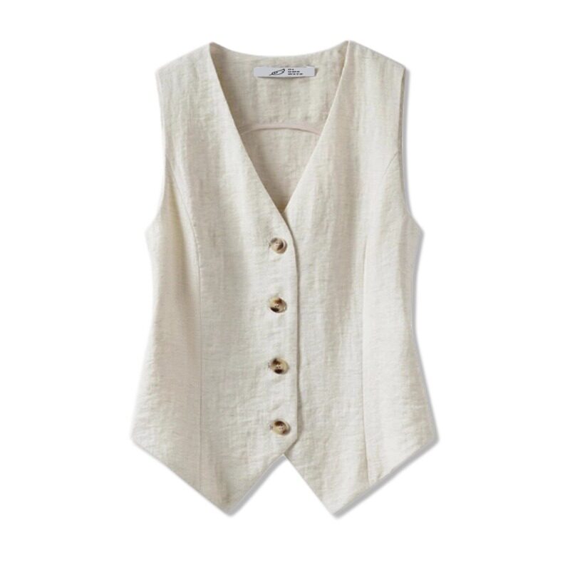 亚麻气质修身薄款西装马甲女2025夏时尚坎肩背心简约小马夹1506-2