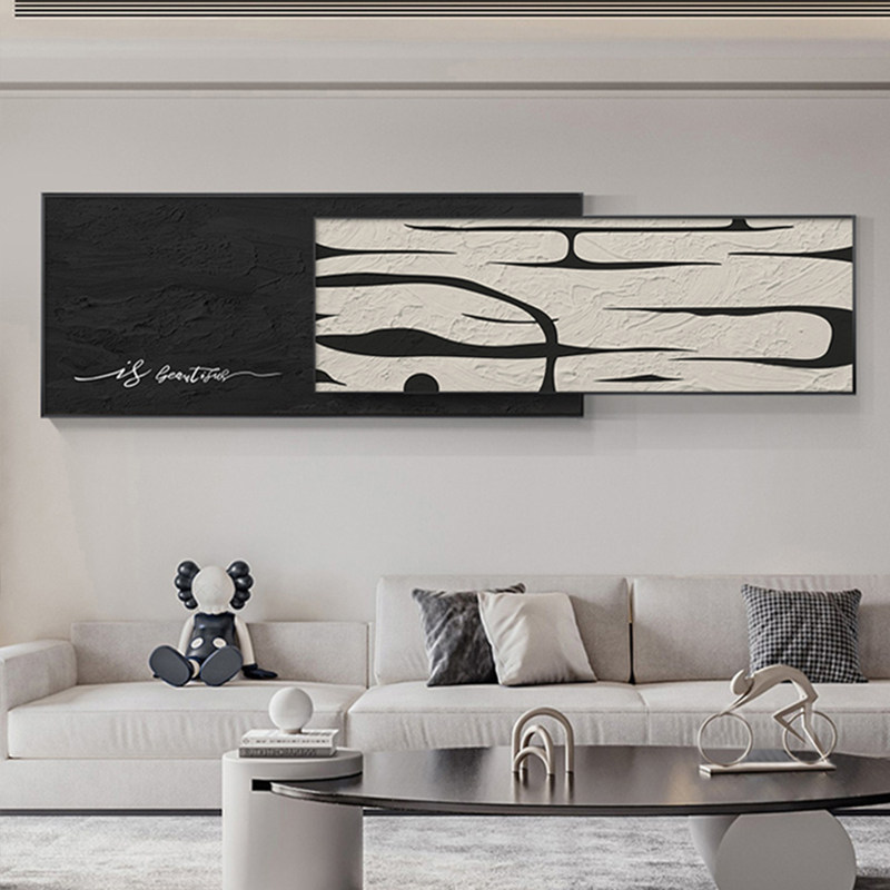 现代简约a黑白抽象客厅装饰画高级感肌理横版叠加沙发卧室背景挂