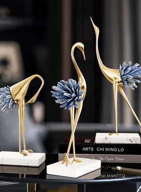 新中式样板间客厅轻奢水晶仙鹤铜摆件欧式家居玄关电X视柜软装饰