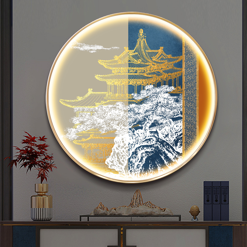 新中式玄关d装饰画圆形灯画发光壁画客厅餐厅走廊过道金线挂画