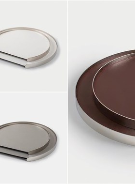 样板间简约金属皮革圆形托盘家居售D楼处卧室桌面收纳盘装饰品摆