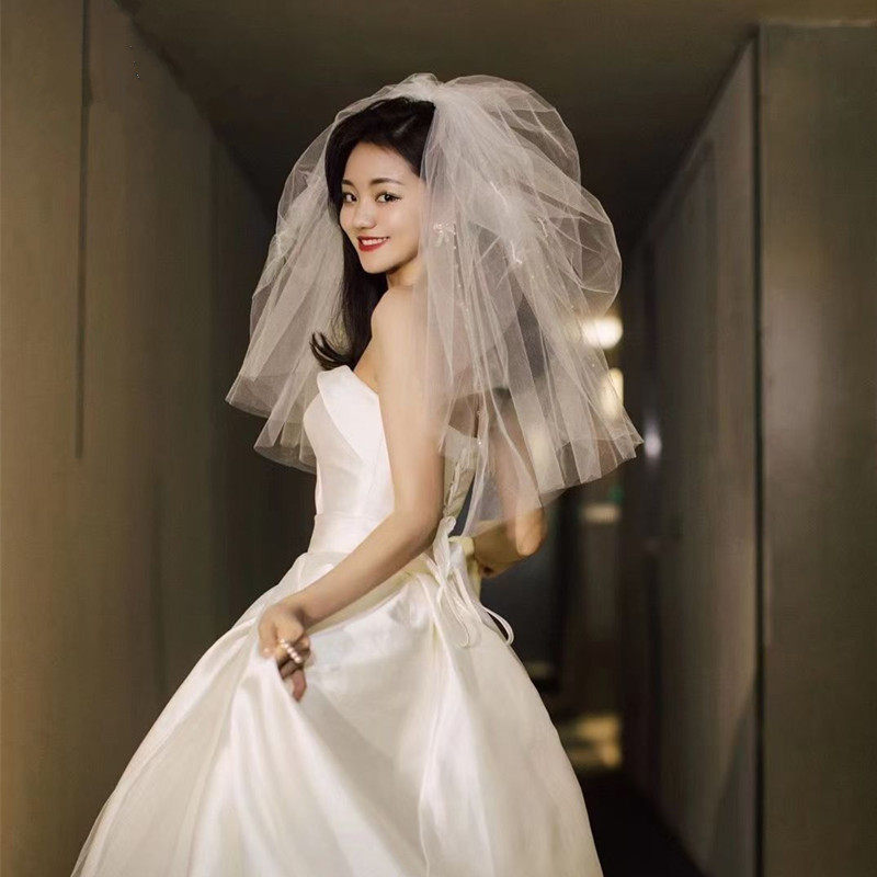 网红蓬蓬手工串珠子头纱新娘结婚拍照双层短款白色造型头饰配件