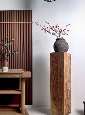 侘寂风木墩底e座玄关客厅落地装饰方形柱子摆件日式实木茶室雕塑