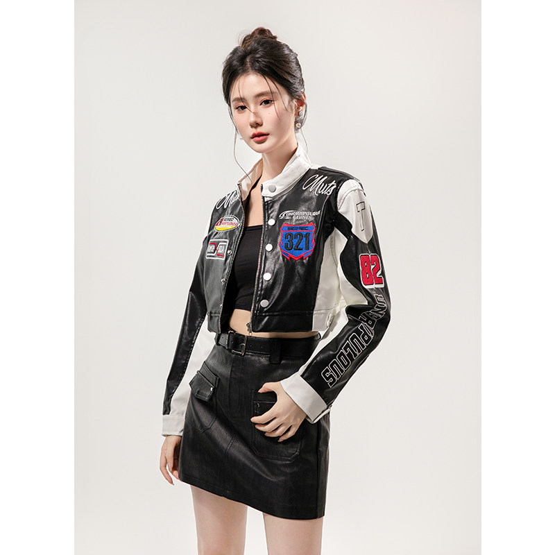 美式复古机车服短款外套女春季新款黑白皮夹克街头风赛车棒球服潮