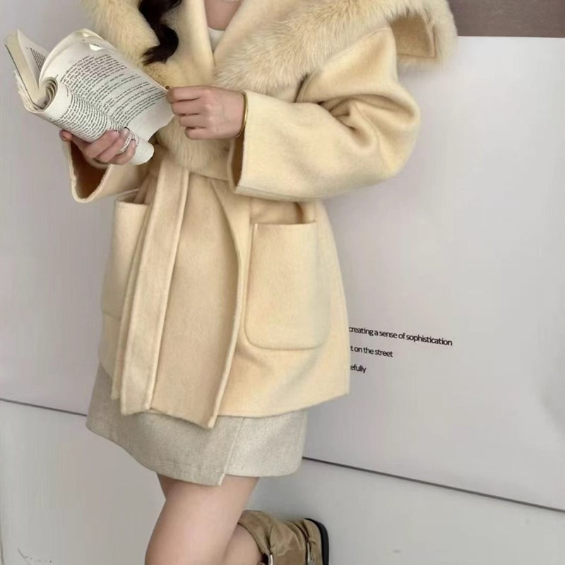 羊毛双面呢子甜美短款大衣秋冬女装小个子气质收腰羊毛呢外套宽松