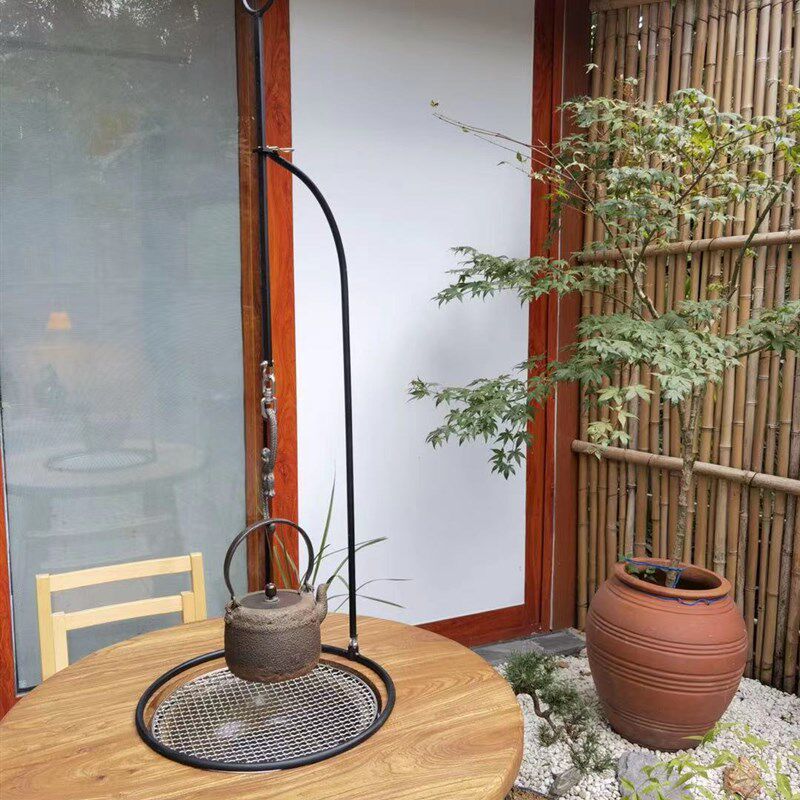 烧烤煮茶木炭盆可伸缩落地自在钩日式铁艺悬吊铁壶挂钩铸铁自锁钩