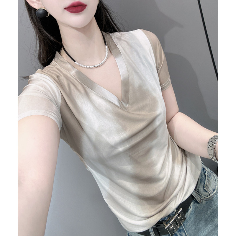 夏装新款修身网纱短袖t恤女欧货洋气鸡心v领女人味上衣爆款小衫潮