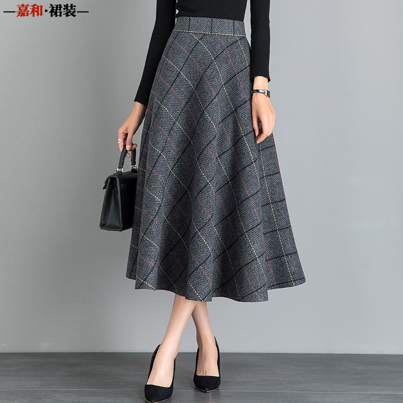 2022秋冬季中长款毛呢复古格子半身裙高腰A字大摆裙显瘦大码女裙