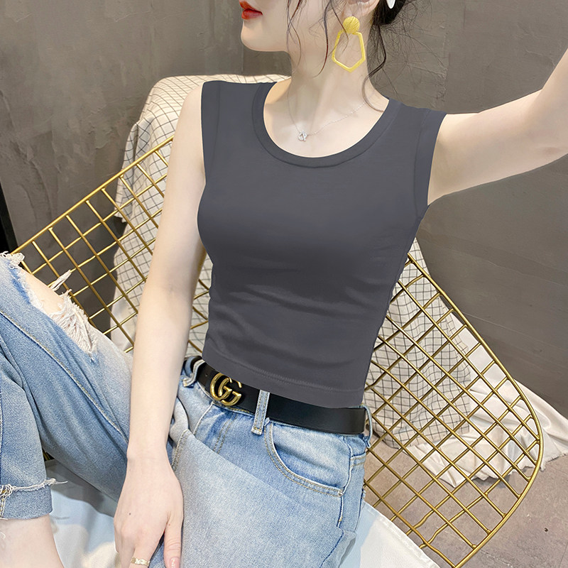 烟灰色圆领小吊带背心女2025夏季新款纯棉无袖t恤打底衫内搭上衣