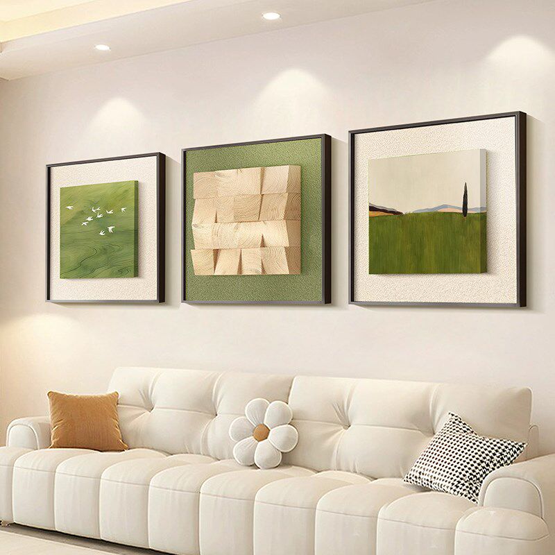 立体绿色奶油风客厅挂画沙发背景墙装饰画法式N原木壁画2025新款