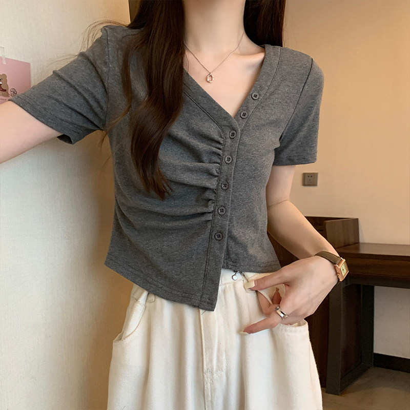 V领灰色短袖T恤女2025新款夏季小衫不规则高级感黑色高腰短款上衣