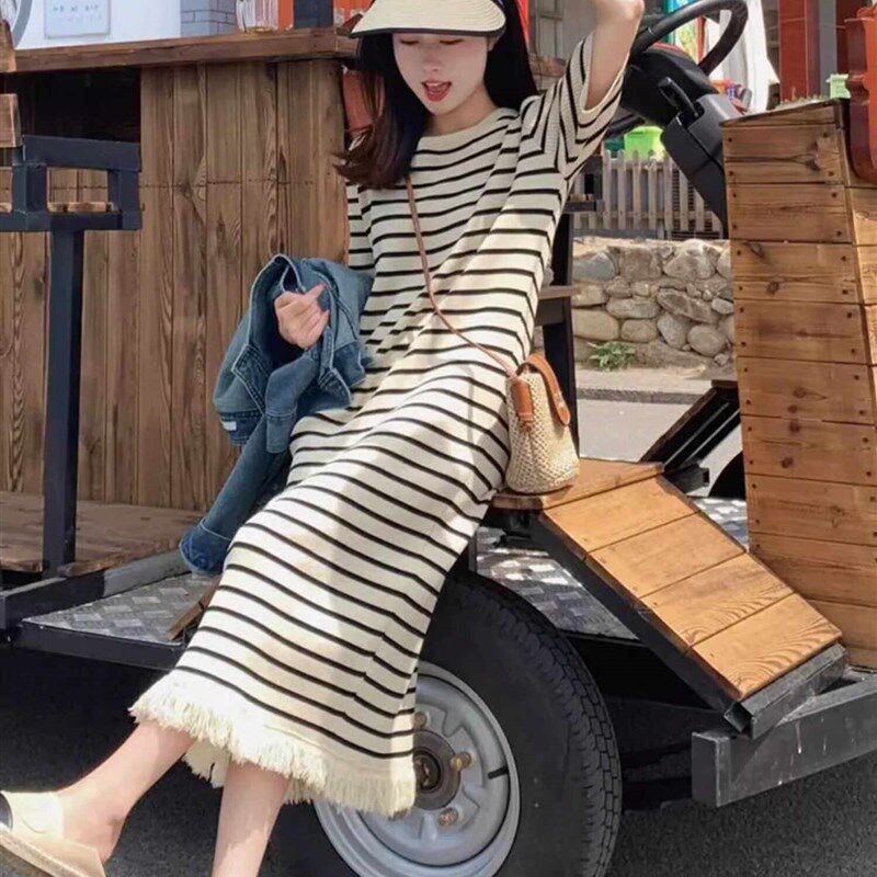 法式别致设计毛边长款连衣裙女2024夏季新款休闲显瘦条纹短袖裙子